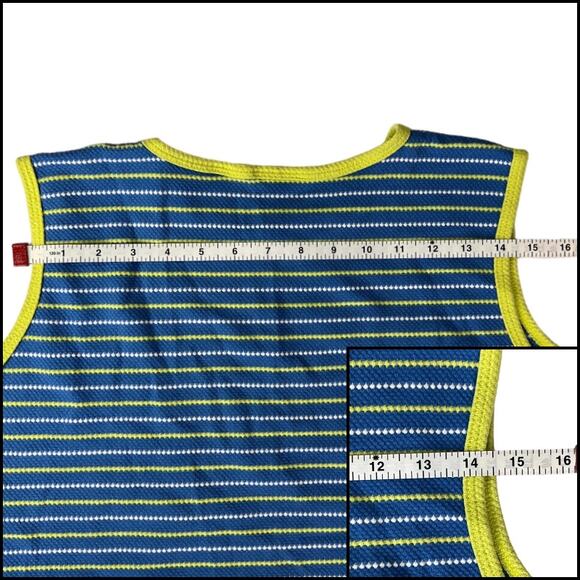 Ladies Blue Summer Knit Tank Top White & Yellow Stripes Contrasting Yellow Trim - Picture 10 of 13